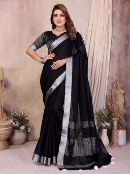 Odette - Black Cotton Blend Solid Saree with Unstitched Blouse