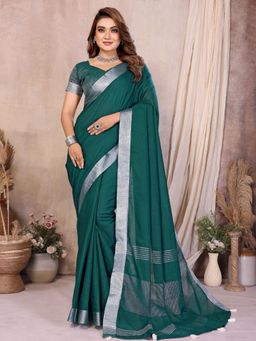 Odette - Teal Green Cotton Blend Solid Saree with Unstitched Blouse