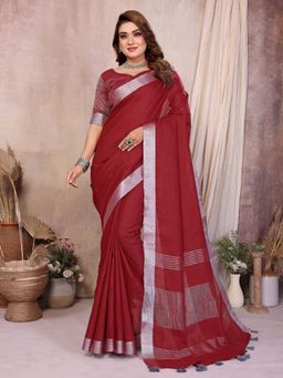 Odette - Maroon Cotton Blend Solid Saree with Unstitched Blouse