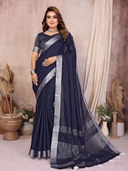 Odette - Navy Blue Cotton Blend Solid Saree with Unstitched Blouse