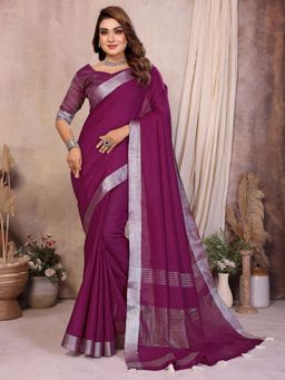 Odette - Wine Cotton Blend Solid Saree with Unstitched Blouse