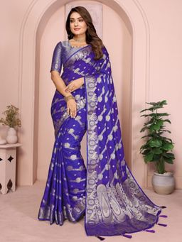 Odette - Royal Blue Solid Saree with Unstitched Blouse