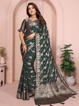 Odette - Dark Green Solid Saree with Unstitched Blouse