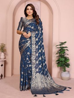 Odette - Steal Blue Solid Saree with Unstitched Blouse