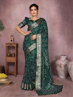 Odette - Dark Green Printed Saree with Unstitched Blouse
