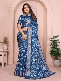 Odette - Royal Blue Printed Saree with Unstitched Blouse