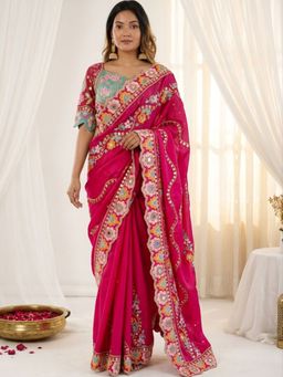 Akhilam - Women's Pink Zari Embroidered Saree with Unstitched Blouse