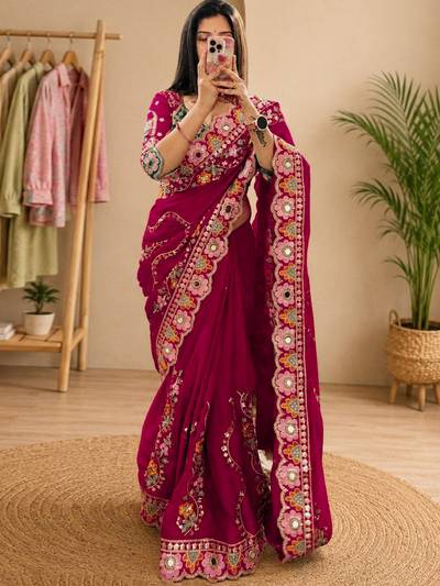 Women's Pink Zari Embroidered Saree with Unstitched Blouse