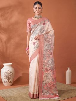 Akhilam - Women's Satin Silk Off White Printed Saree with Unstitched Blouse