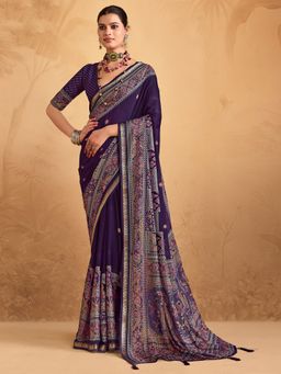 Akhilam - Women's Georgette Purple Printed Saree with Unstitched Blouse