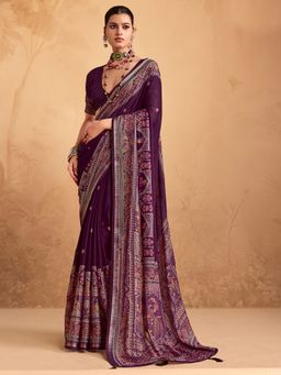 Akhilam - Women's Georgette Wine Printed Saree with Unstitched Blouse