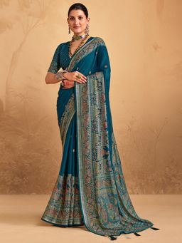 Akhilam - Women's Georgette Teal Blue Printed Saree with Unstitched Blouse