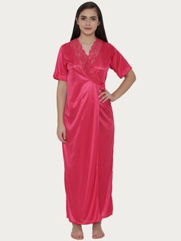 Clovia - Satin Long Robe with Lace Pink