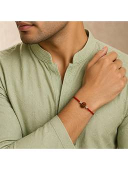 SAMIKA - Unisex Red Rudraksha Rakhi Silver Rakhi and Roli with Chawal