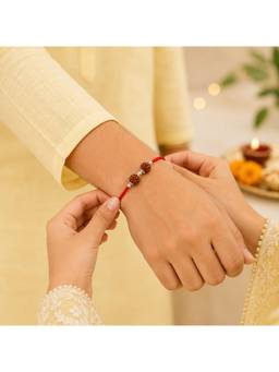 SAMIKA - Unisex Red Rudraksha Rakhi Silver Rakhi and Roli with Chawal