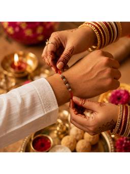 SAMIKA - Unisex Red Rudraksha Rakhi Silver Rakhi and Roli with Chawal