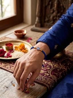 SAMIKA - Unisex Blue Evil Eye Silver Rakhi and Roli with Chawal