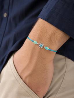 SAMIKA - Unisex Blue Stones Silver Rakhi and Roli with Chawal