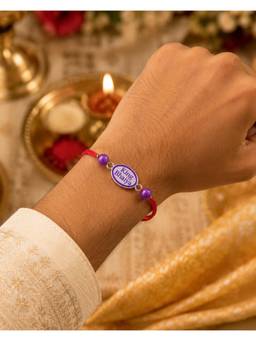 SAMIKA - Unisex Red Traditional Rakhi Silver Rakhi and Roli with Chawal