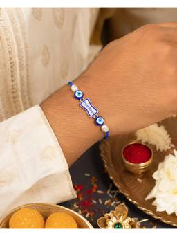 SAMIKA - Unisex Blue Evil Eye Silver Rakhi and Roli with Chawal