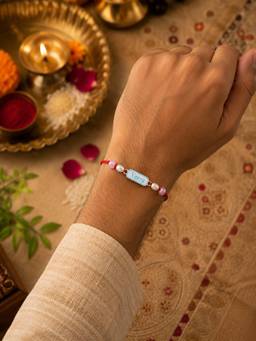 SAMIKA - Unisex Red Traditional Rakhi Silver Rakhi and Roli with Chawal
