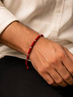 SAMIKA - Unisex Red Traditional Rakhi Silver Rakhi and Roli with Chawal