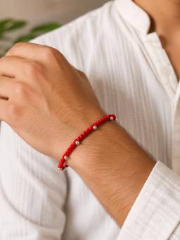 SAMIKA - Unisex Red Traditional Rakhi Silver Rakhi and Roli with Chawal