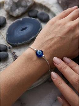 SAMIKA - Women Blue Evil Eye Silver Rakhi and Roli with Chawal