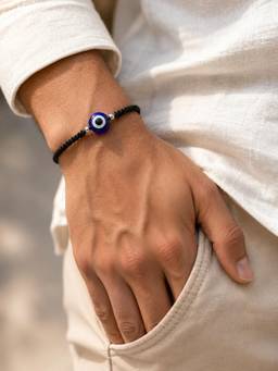SAMIKA - Unisex Blue Evil Eye Silver Rakhi and Roli with Chawal