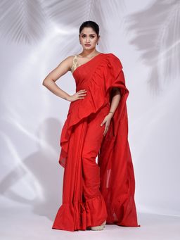 CHARUKRITI - Red Pure Cotton Handwoven Ruffle Saree with Unstitched Blouse