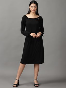 SHOWOFF - Womens Knee Length A-Line Black Solid Dress