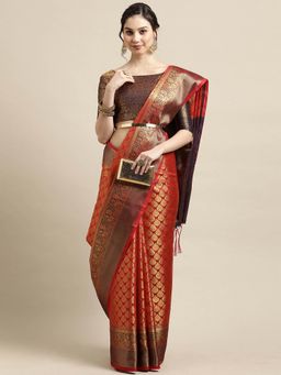 Odette - Red Festive Silk Blend Woven Design Saree with Unstitched Blouse