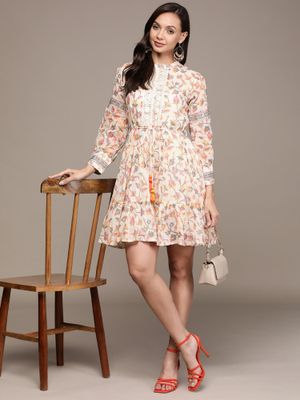Ishin Women's Off White Printed Blouson Dress