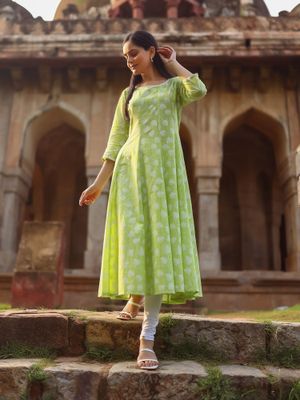 Women Lime Green Floral Sweetheart Neck Anarkali Kurta