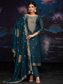 Stylee LIFESTYLE - Teal Pure Silk Jacquard Woven Design Unstitched Kurta with Bottom and Dupatta (Set of 3)