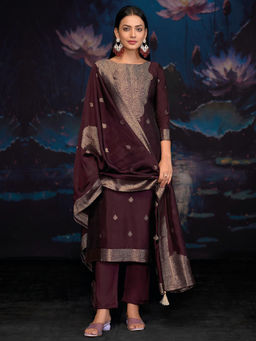 Stylee LIFESTYLE - Wine Pure Silk Jacquard Unstitched Kurta with Bottom and Dupatta (Set of 3)