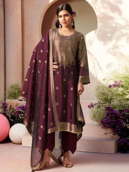 Stylee LIFESTYLE - Wine Pure Silk Jacquard Unstitched Kurta with Bottom and Dupatta (Set of 3)