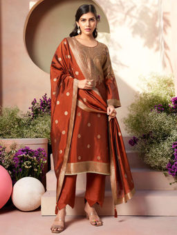 Stylee LIFESTYLE - Rust Pure Silk Jacquard Unstitched Kurta with Bottom and Dupatta (Set of 3)