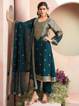 Stylee LIFESTYLE - Teal Pure Silk Jacquard Unstitched Kurta with Bottom and Dupatta (Set of 3)