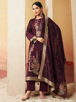 Stylee LIFESTYLE - Wine Pure Silk Jacquard Unstitched Kurta with Bottom and Dupatta (Set of 3)