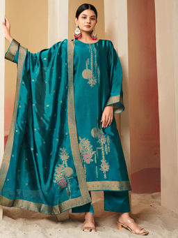 Stylee LIFESTYLE - Turquoise Pure Silk Jacquard Unstitched Kurta with Bottom and Dupatta (Set of 3)