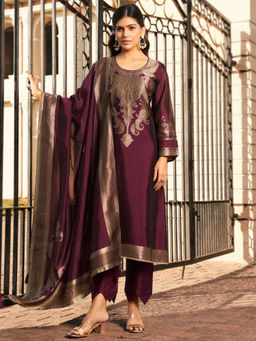 Stylee LIFESTYLE - Wine Pure Silk Jacquard Unstitched Kurta with Bottom and Dupatta (Set of 3)