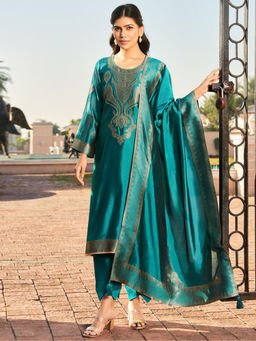 Stylee LIFESTYLE - Turquoise Pure Silk Jacquard Unstitched Kurta with Bottom and Dupatta (Set of 3)