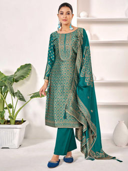 Stylee LIFESTYLE - Turquoise Pure Silk Jacquard Unstitched Kurta with Bottom and Dupatta (Set of 3)