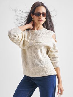 TOKYO TALKIES - Women White Cable Knit Relaxed Fit Sweater