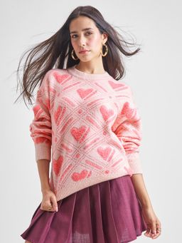 TOKYO TALKIES - Women Pink Ribbed Drop Shoulder Oversize Fit Sweater