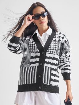 TOKYO TALKIES - Women Black Ribbed Front Open Cardigan Sweater