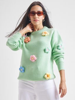 TOKYO TALKIES - Women Green Ribbed Drop Shoulder Oversized Sweater