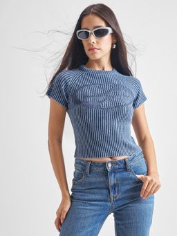 TOKYO TALKIES - Women Blue Ribbed Drop Shoulder Sweater