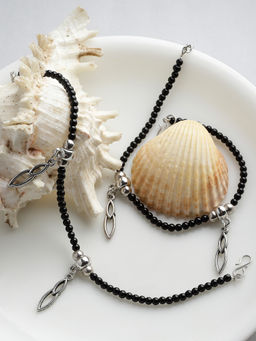 PANASH - Oxidized Silver-Plated Black Beaded Handcrafted Anklets